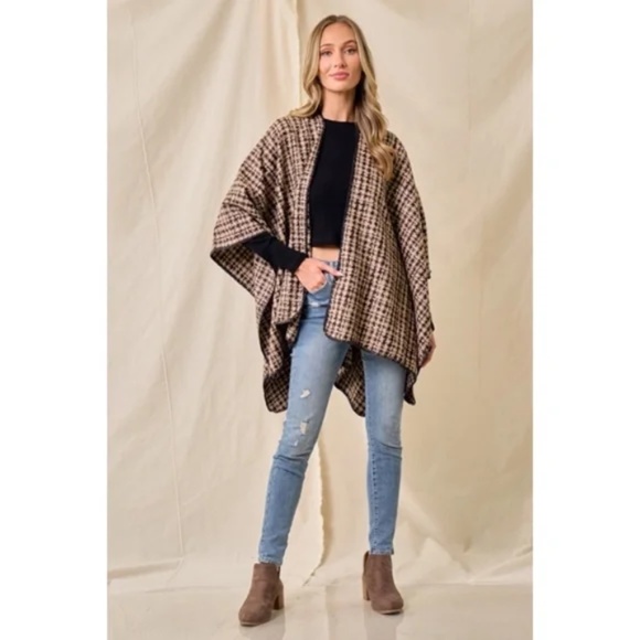 Mocha Brown Houndstooth Knit Shawl Open Poncho Wrap Casual Fall Winter One Size - Picture 5 of 6